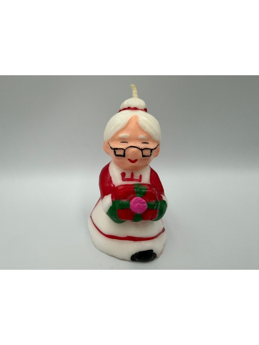 Vintage Mrs Claus Christmas Figural Candle Holding Present 4" Red White